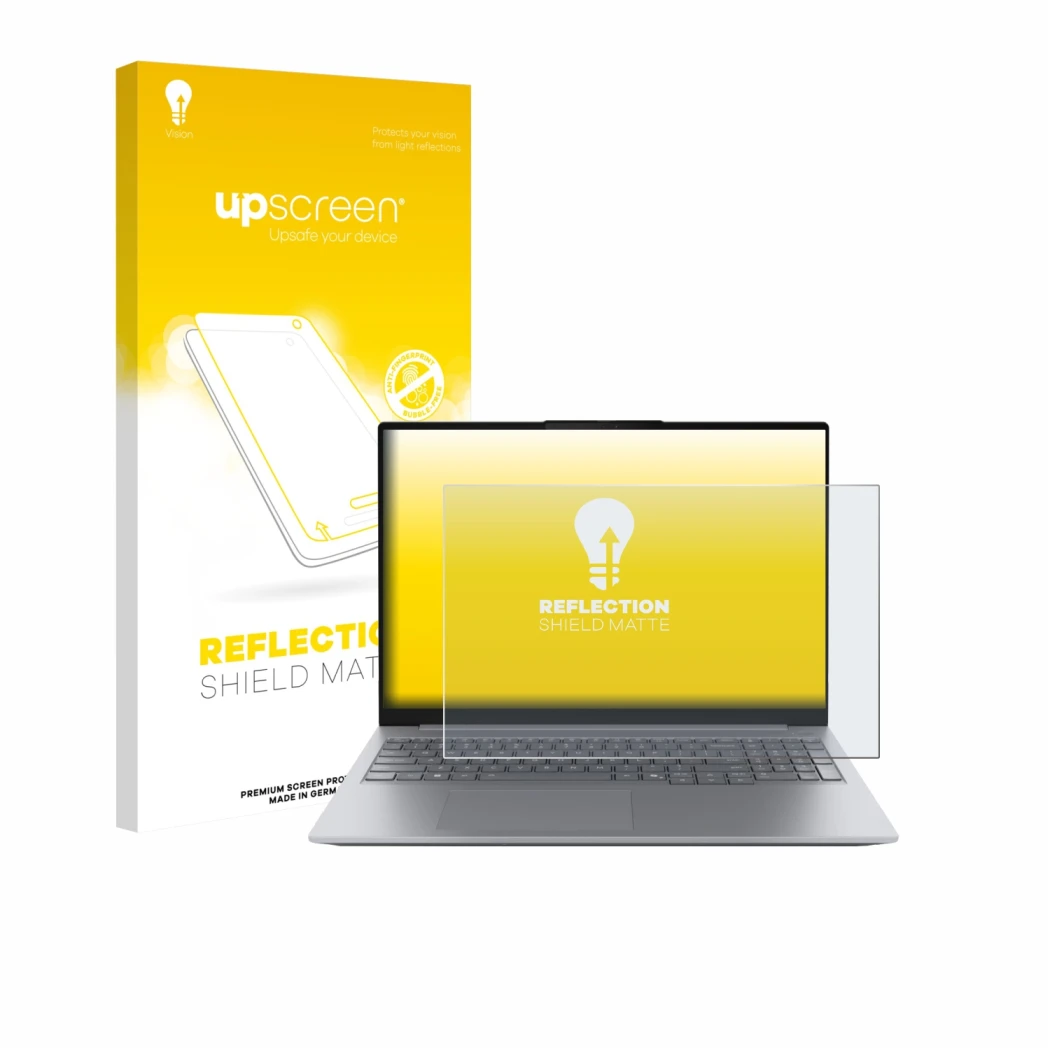 Face avant d’un emballage produit avec le logo de la marque upscreen. À côté, l’appareil Lenovo ThinkBook 16 Gen 8 est représe