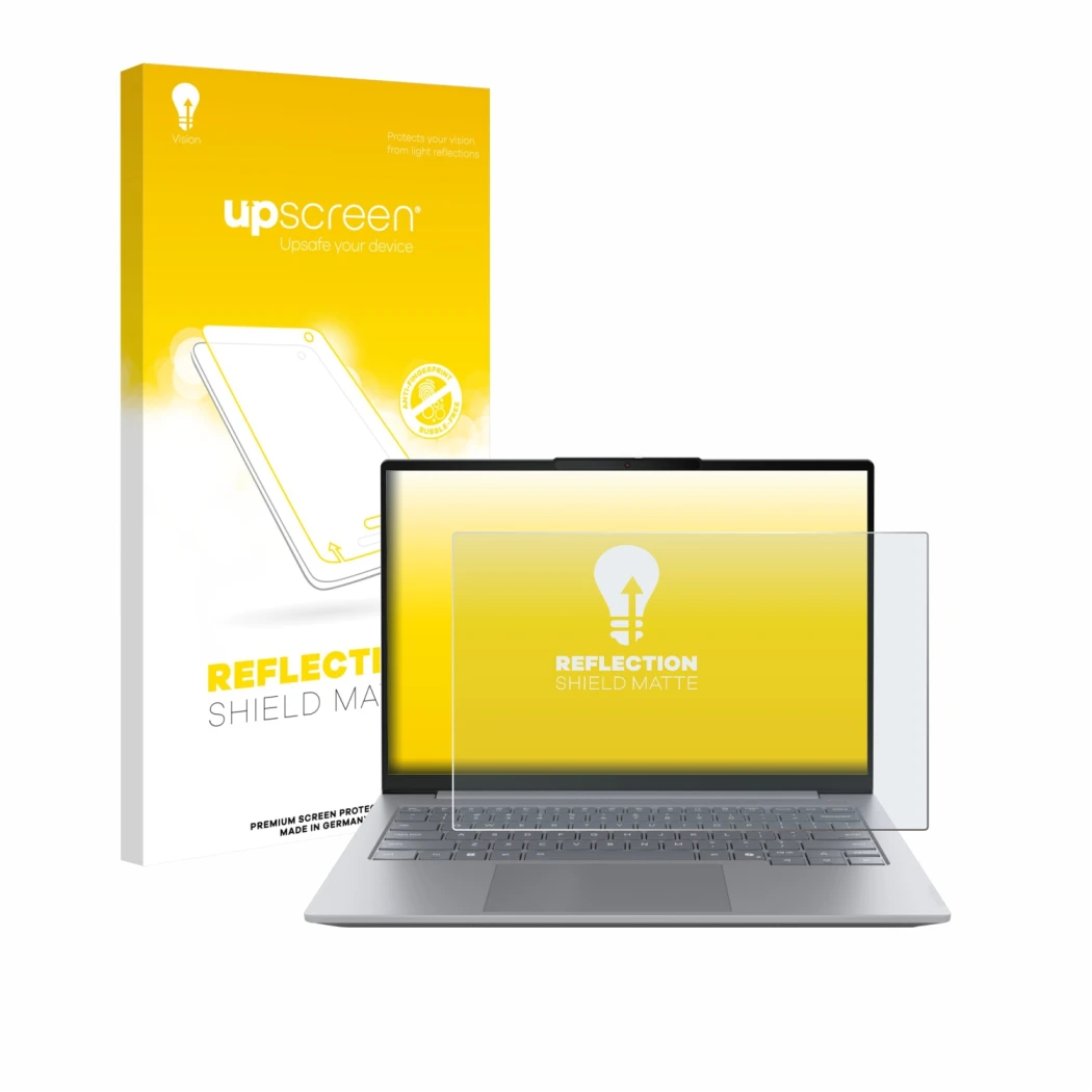 Face avant d’un emballage produit avec le logo de la marque upscreen. À côté, l’appareil Lenovo ThinkBook 14 Gen 8 est représe