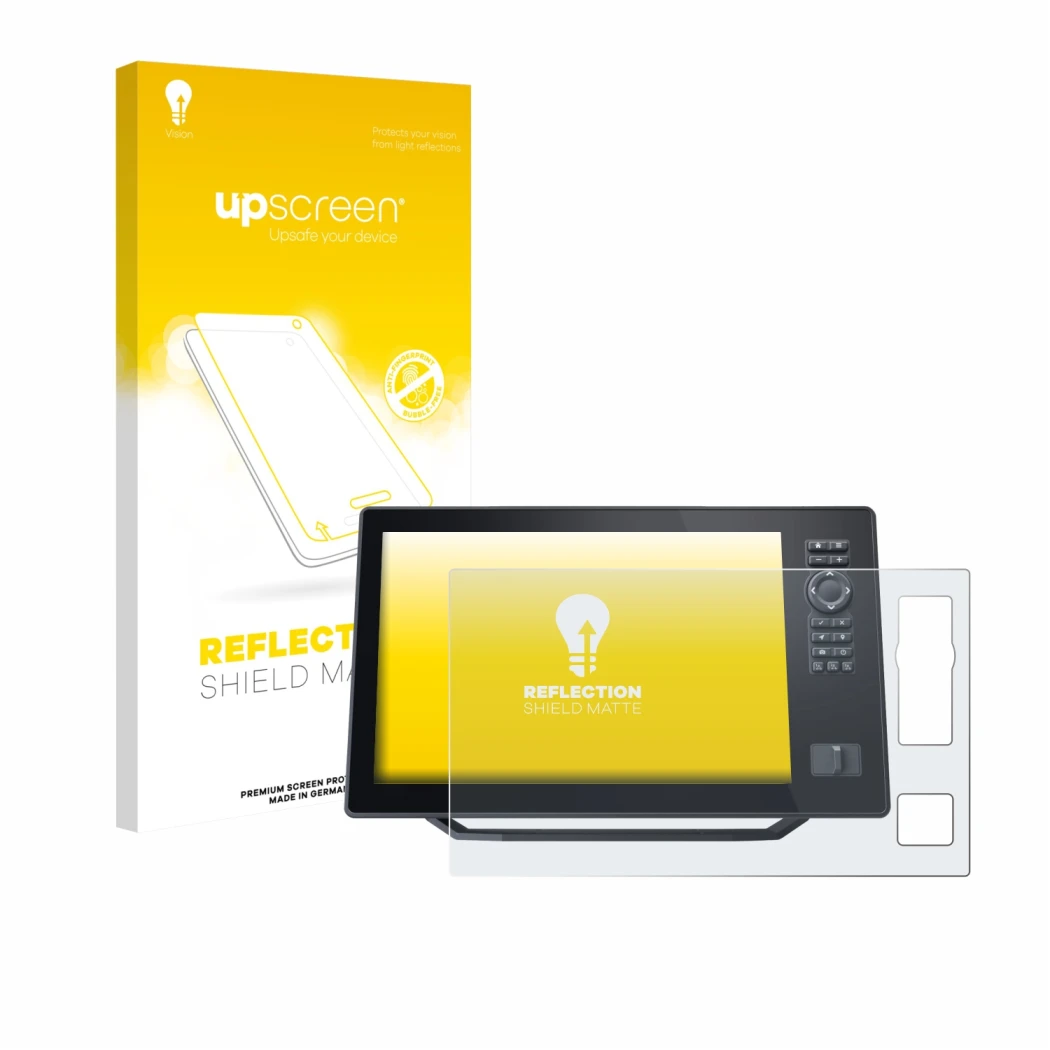Face avant d’un emballage produit avec le logo de la marque upscreen. À côté, l’appareil Humminbird Xplore 12 est représenté a