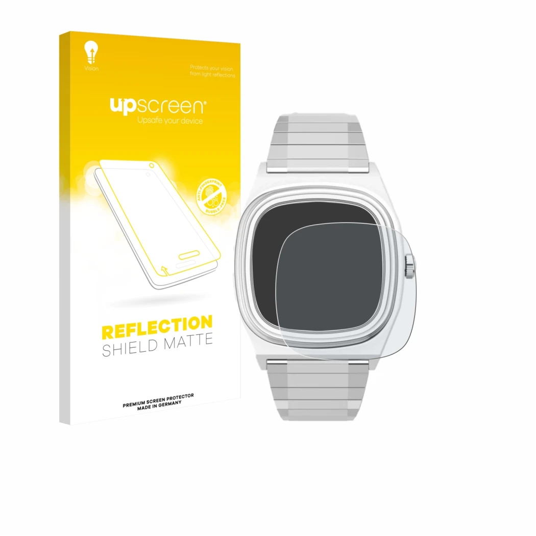 Face avant d’un emballage produit avec le logo de la marque upscreen. À côté, l’appareil Timex Reissue 1983 E est représenté a
