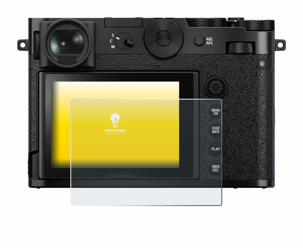 Image de l'appareil Fujifilm GFX 100RF avec une grande variété de protections d'écran.