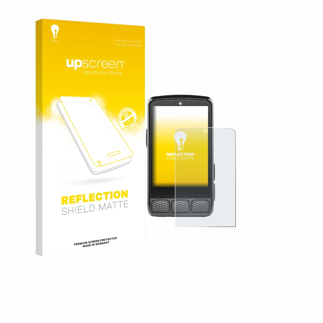 Face avant d’un emballage produit avec le logo de la marque upscreen. À côté, l’appareil Wahoo Elemnt Roam V3 est représenté a