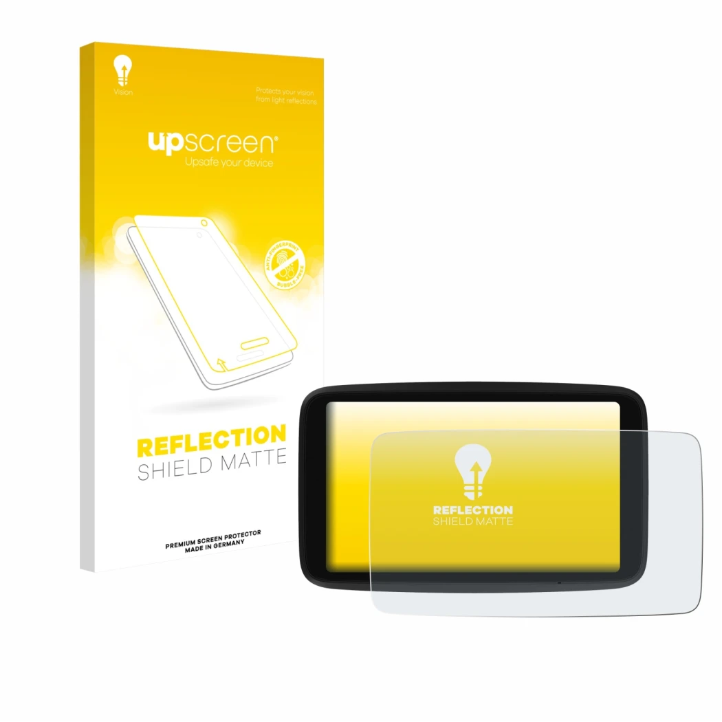 Face avant d’un emballage produit avec le logo de la marque upscreen. À côté, l’appareil TomTom Go Navigator 6
