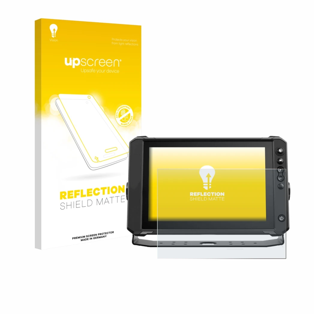 Face avant d’un emballage produit avec le logo de la marque upscreen. À côté, l’appareil Lowrance Elite FS 10 est représenté a