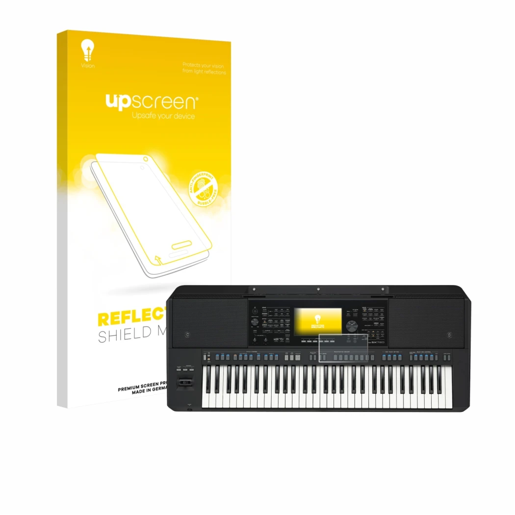 Face avant d’un emballage produit avec le logo de la marque upscreen. À côté, l’appareil Yamaha PSR-SX720 est représenté avec