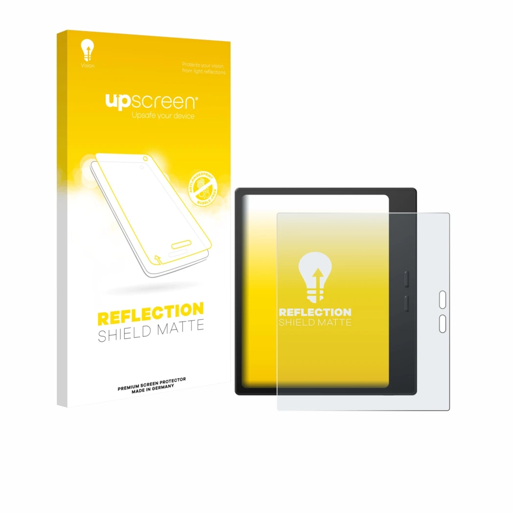 Face avant d’un emballage produit avec le logo de la marque upscreen. À côté, l’appareil Boox Go 7 est représenté avec la prot