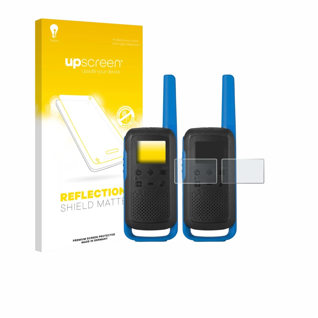 Face avant d’un emballage produit avec le logo de la marque upscreen. À côté, l’appareil Motorola TALKABOUT T62 est représenté