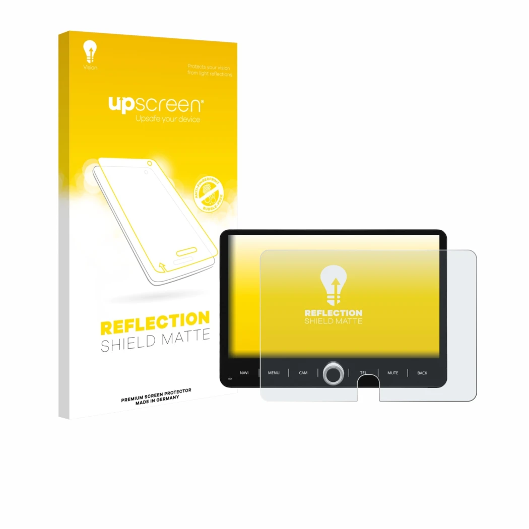 Face avant d’un emballage produit avec le logo de la marque upscreen. À côté, l’appareil Dynavin D9-JP Plus 10.1