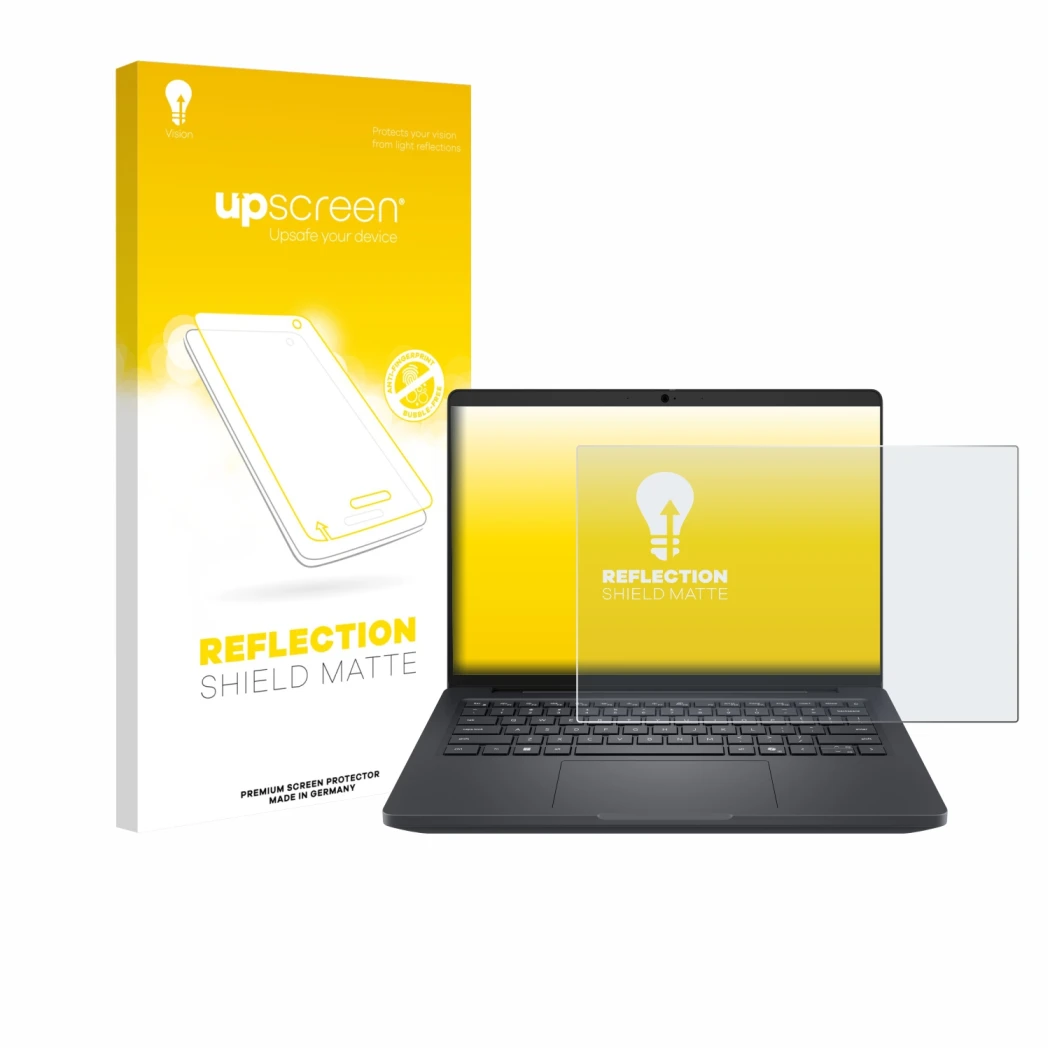 Face avant d’un emballage produit avec le logo de la marque upscreen. À côté, l’appareil Dell Pro Max 14 est représenté avec l