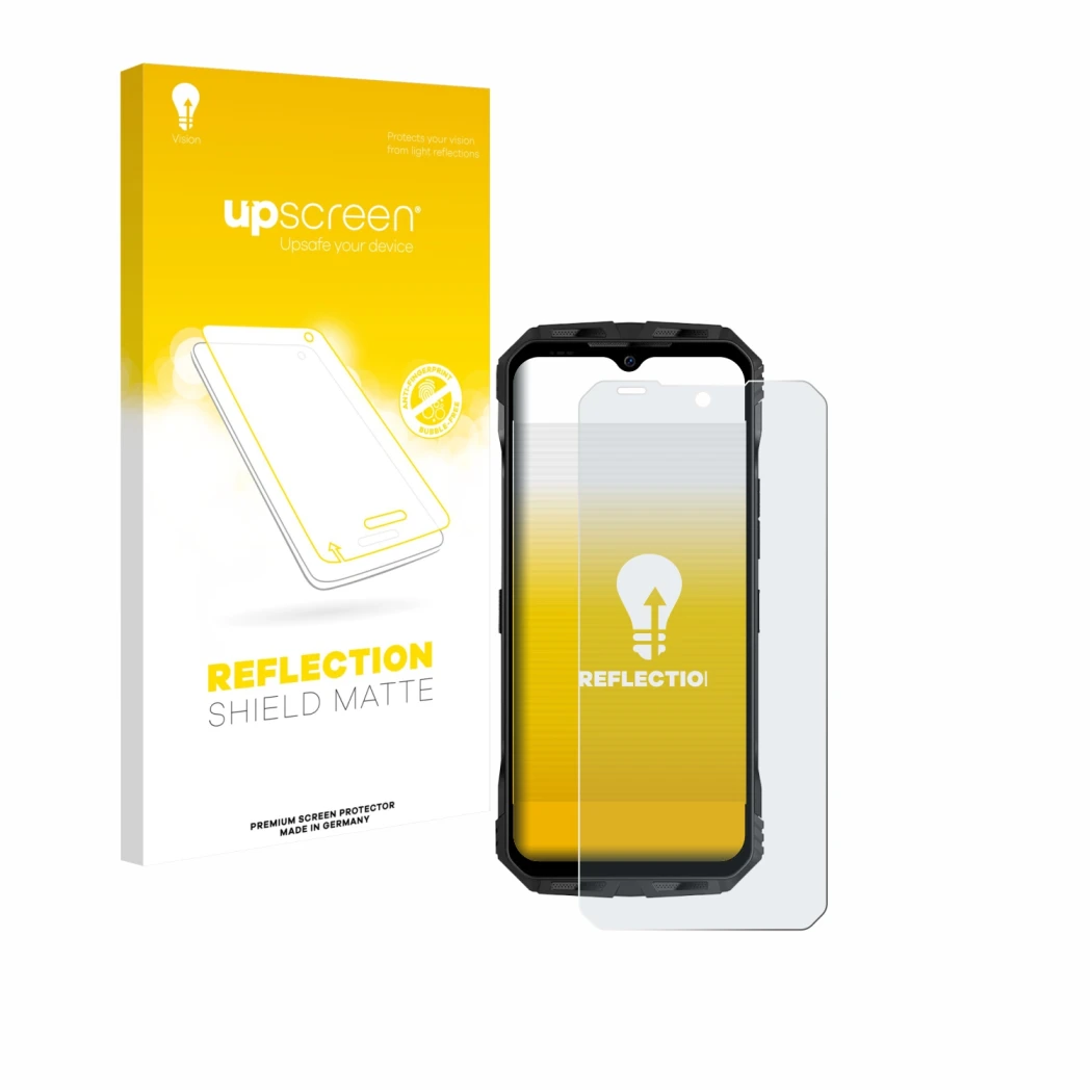 Face avant d’un emballage produit avec le logo de la marque upscreen. À côté, l’appareil Doogee V Max S est représenté avec la