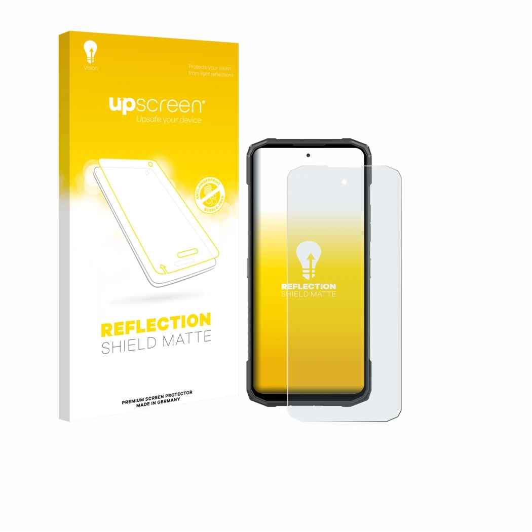 Face avant d’un emballage produit avec le logo de la marque upscreen. À côté, l’appareil Doogee Blade 20 Turbo est représenté