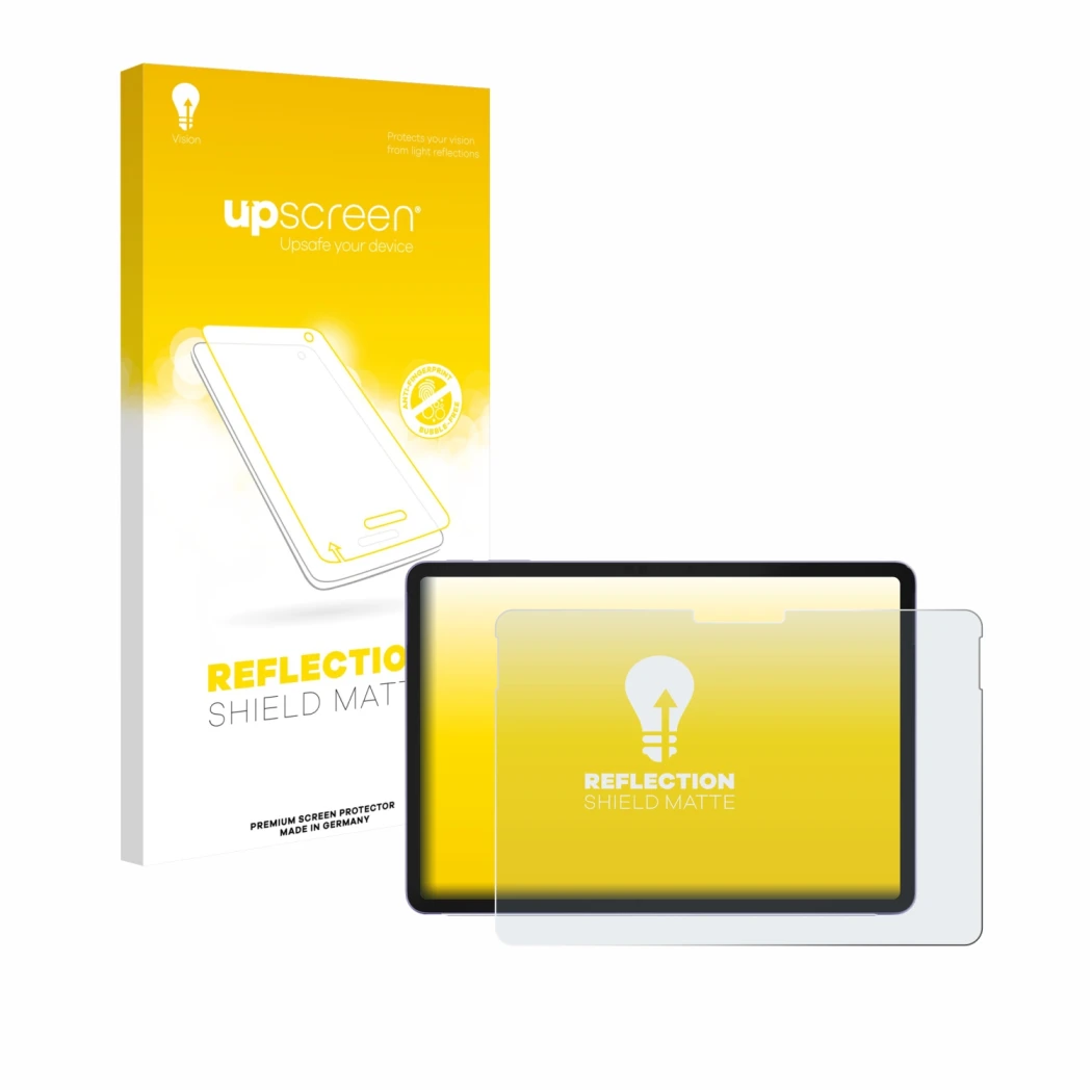 Face avant d’un emballage produit avec le logo de la marque upscreen. À côté, l’appareil Microsoft Surface Pro 12 est représen