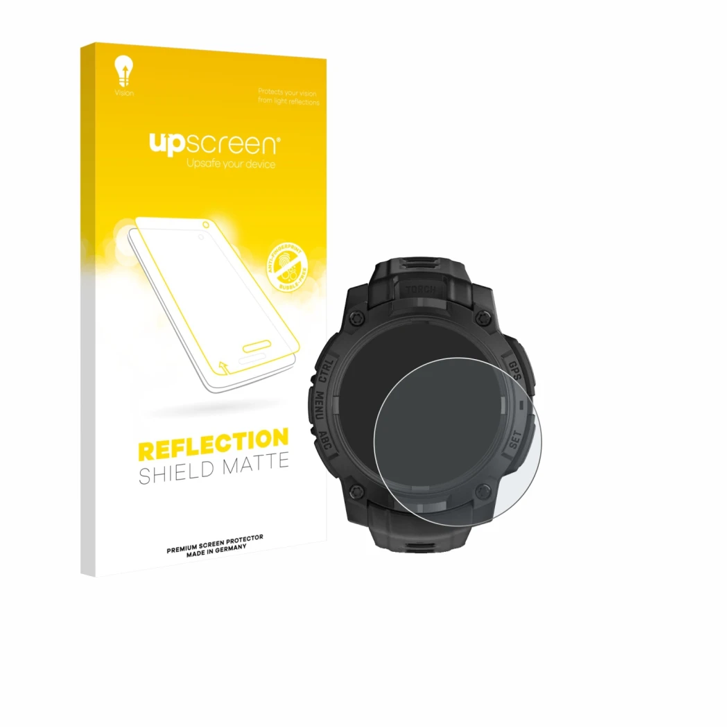 Face avant d’un emballage produit avec le logo de la marque upscreen. À côté, l’appareil Garmin Instinct 3 Solar Tactical Edit