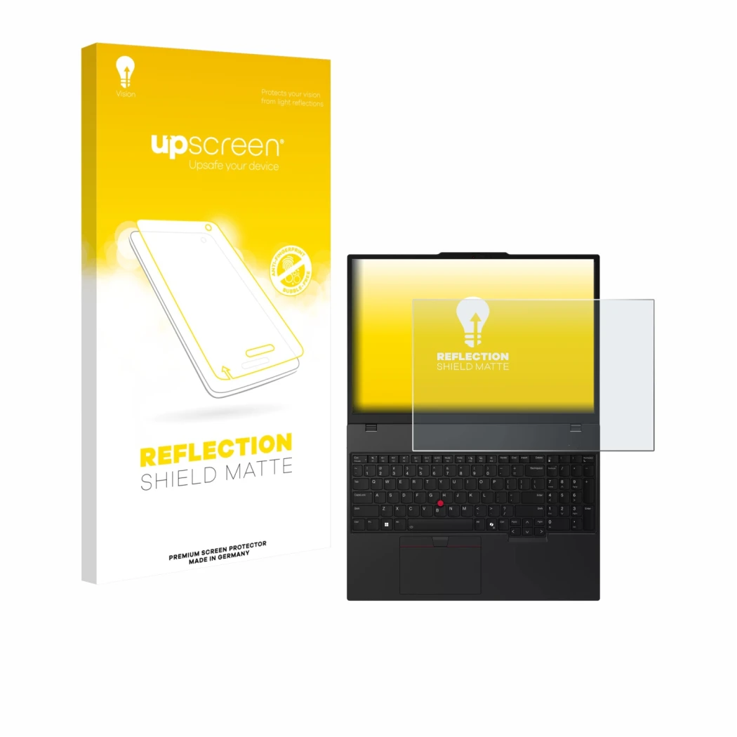 Face avant d’un emballage produit avec le logo de la marque upscreen. À côté, l’appareil Lenovo ThinkPad T16 Gen 4 est représe