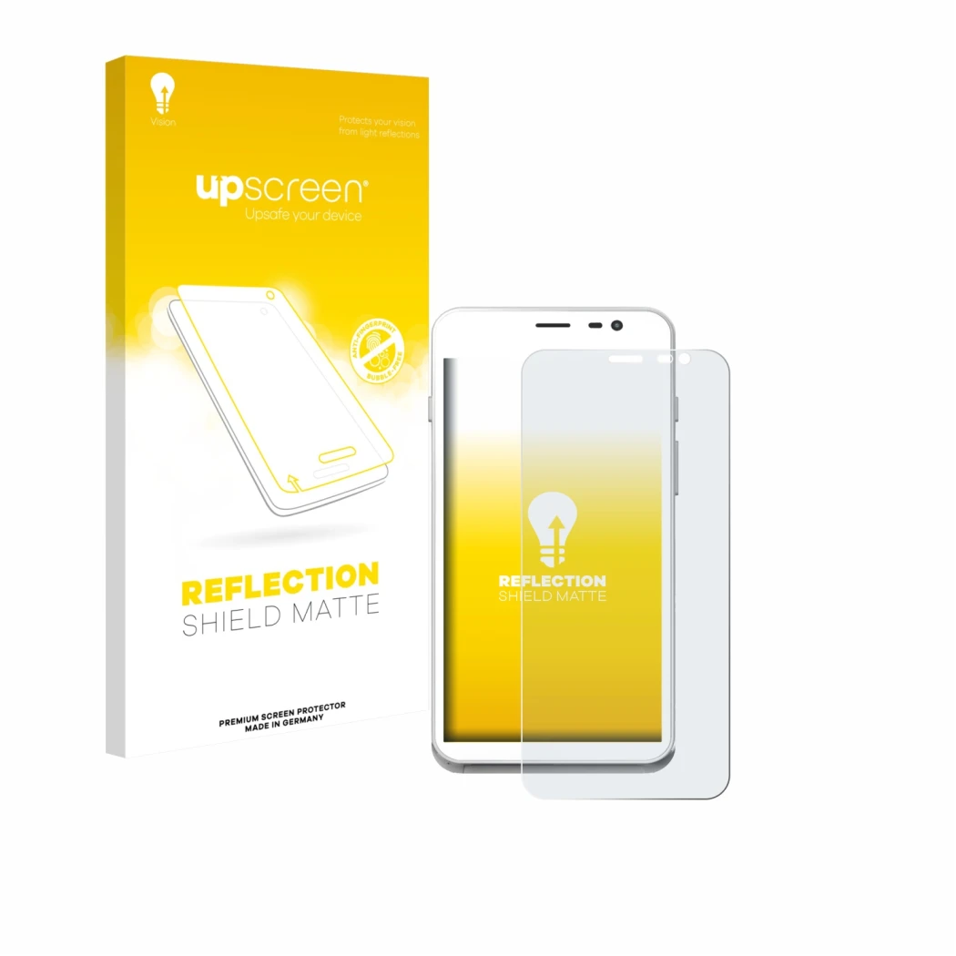 Face avant d’un emballage produit avec le logo de la marque upscreen. À côté, l’appareil Pax CCV Fly A77 est représenté avec l