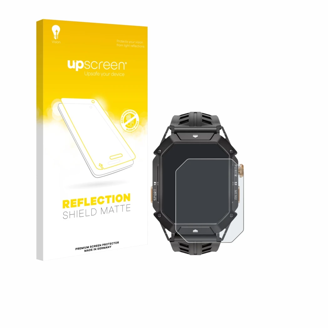 Face avant d’un emballage produit avec le logo de la marque upscreen. À côté, l’appareil Oukitel BT80 est représenté avec la p
