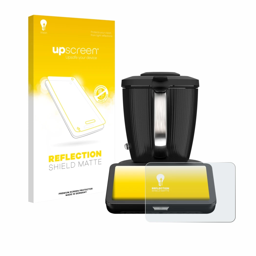 Face avant d’un emballage produit avec le logo de la marque upscreen. À côté, l’appareil Vorwerk Bimby TM7 est représenté avec