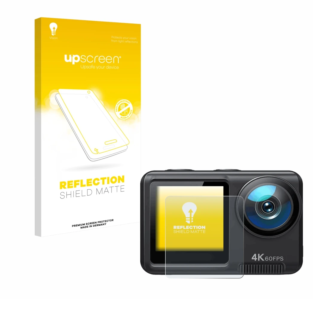 Face avant d’un emballage produit avec le logo de la marque upscreen. À côté, l’appareil Wolfang GA420 est représenté avec la 