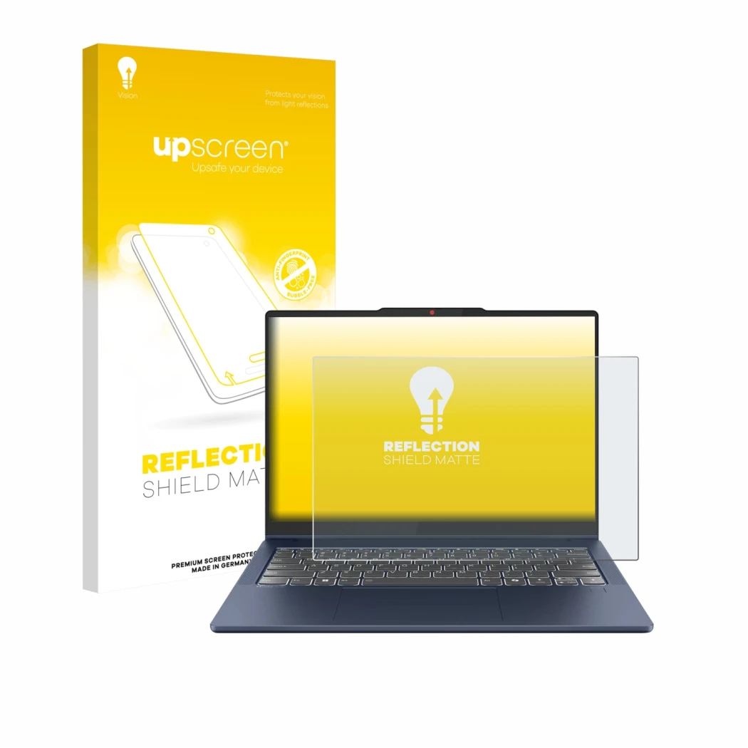 Face avant d’un emballage produit avec le logo de la marque upscreen. À côté, l’appareil Lenovo IdeaPad 5 2-in-1 Gen 10 14