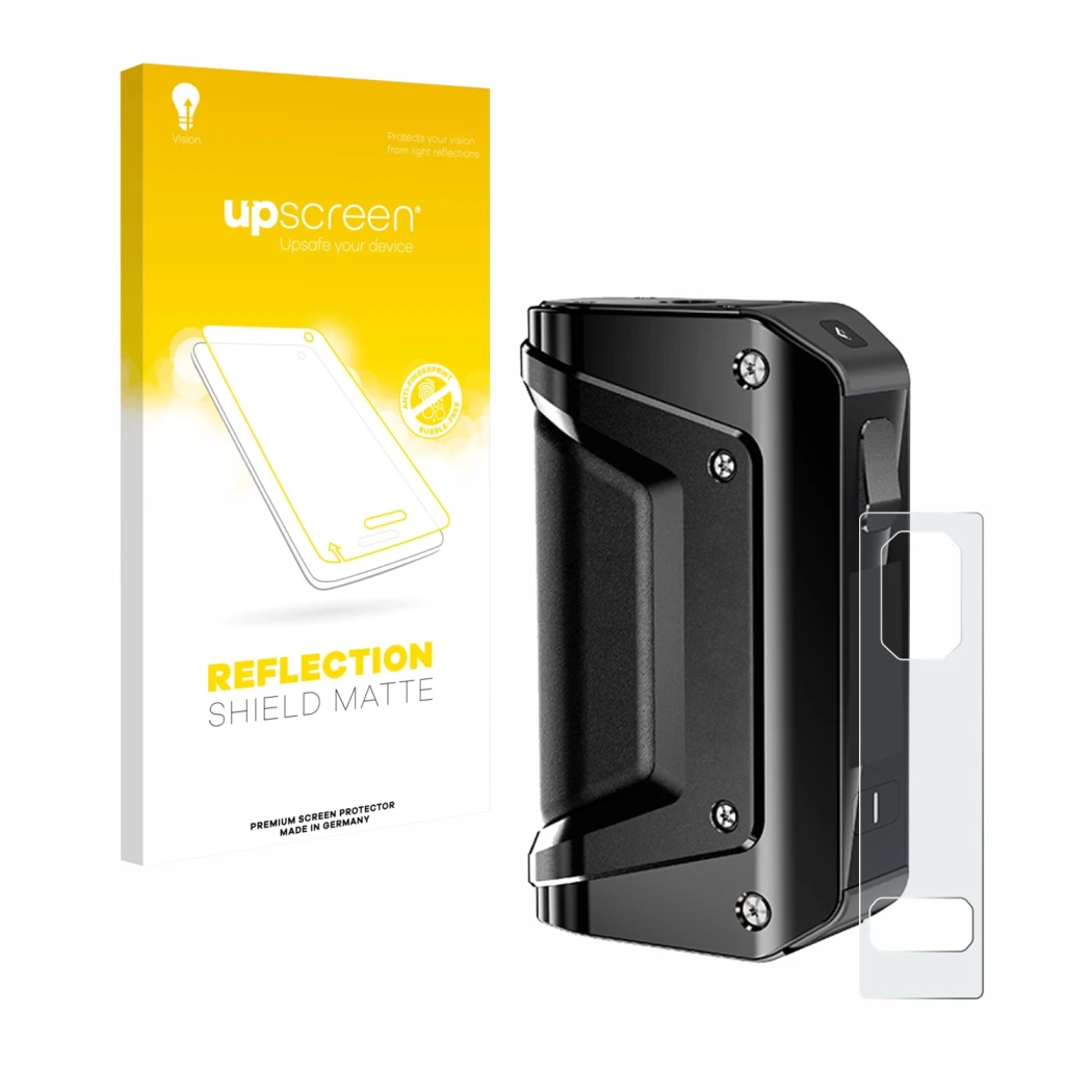 Face avant d’un emballage produit avec le logo de la marque upscreen. À côté, l’appareil GeekVape Aegis Legend 3 est représent