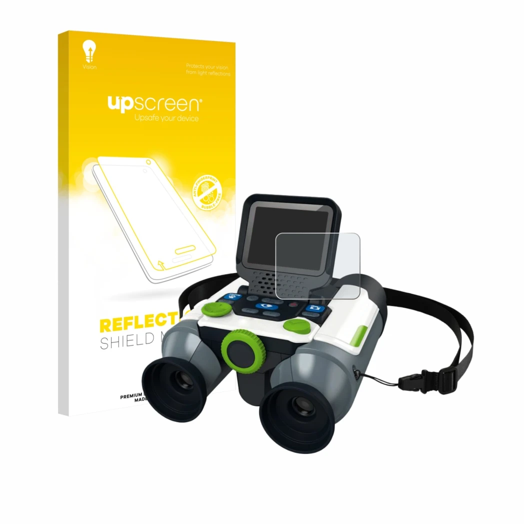 Face avant d’un emballage produit avec le logo de la marque upscreen. À côté, l’appareil Vtech Jumelles vidéo interactive est 