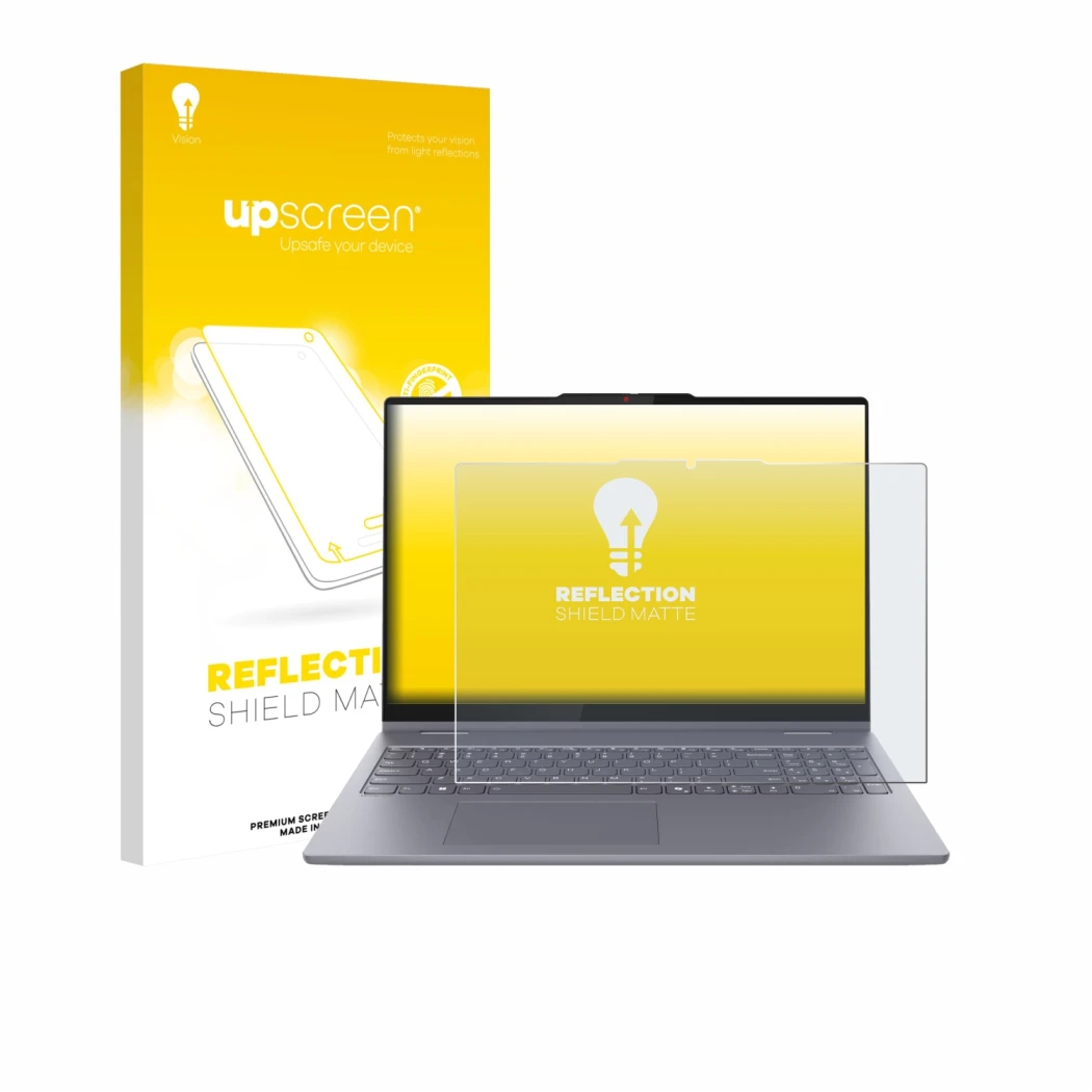 Face avant d’un emballage produit avec le logo de la marque upscreen. À côté, l’appareil Lenovo IdeaPad 5 2-in-1 14AKP10 est r