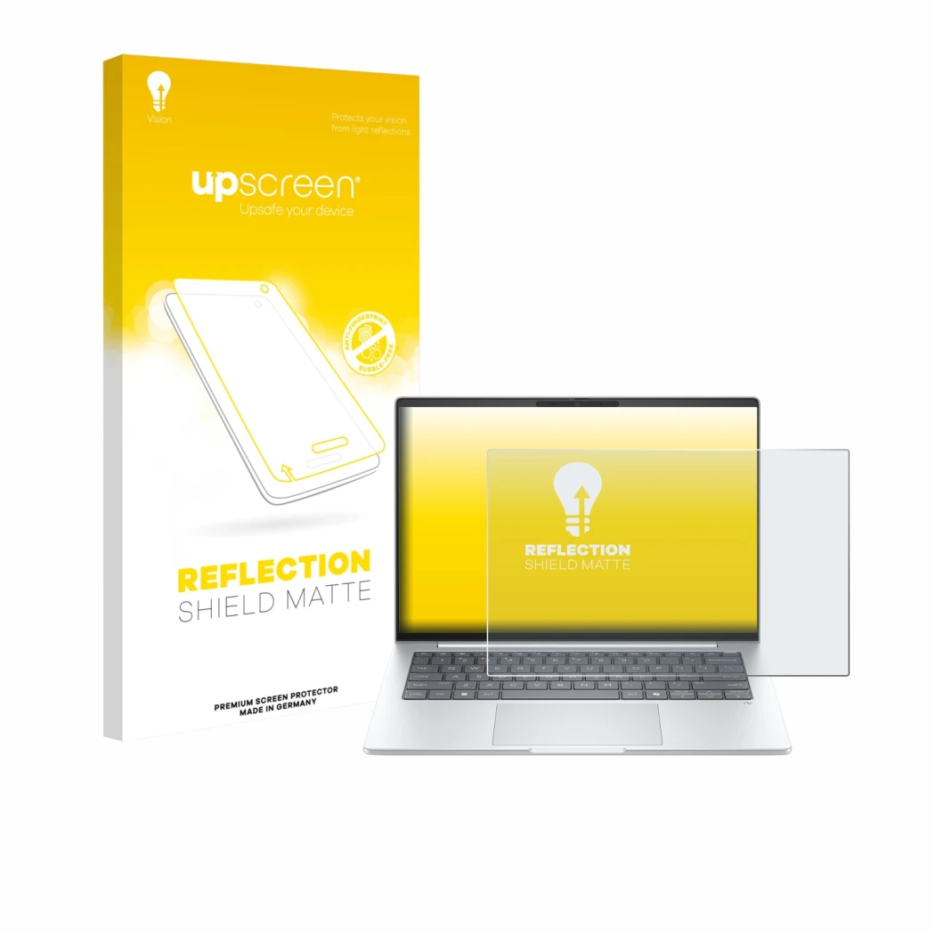 Face avant d’un emballage produit avec le logo de la marque upscreen. À côté, l’appareil HP EliteBook 8 G1i 14