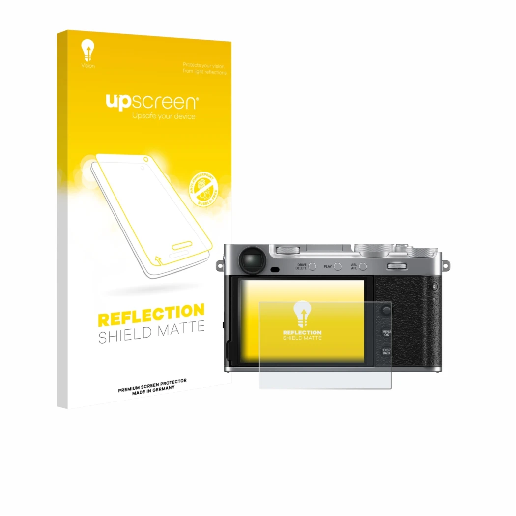 Face avant d’un emballage produit avec le logo de la marque upscreen. À côté, l’appareil Fujifilm X-E5 est représenté avec la