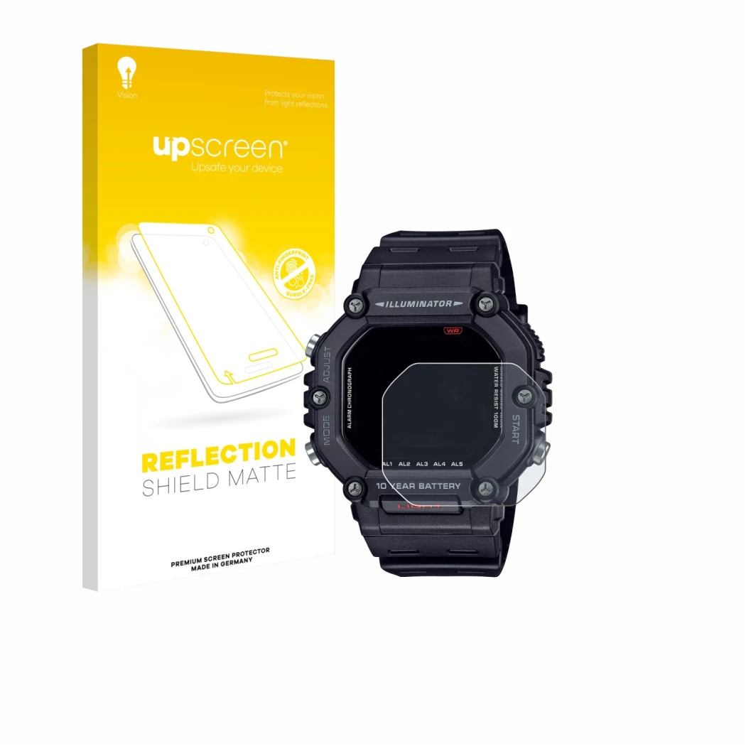 Face avant d’un emballage produit avec le logo de la marque upscreen. À côté, l’appareil Casio AE-1600H est représenté avec la