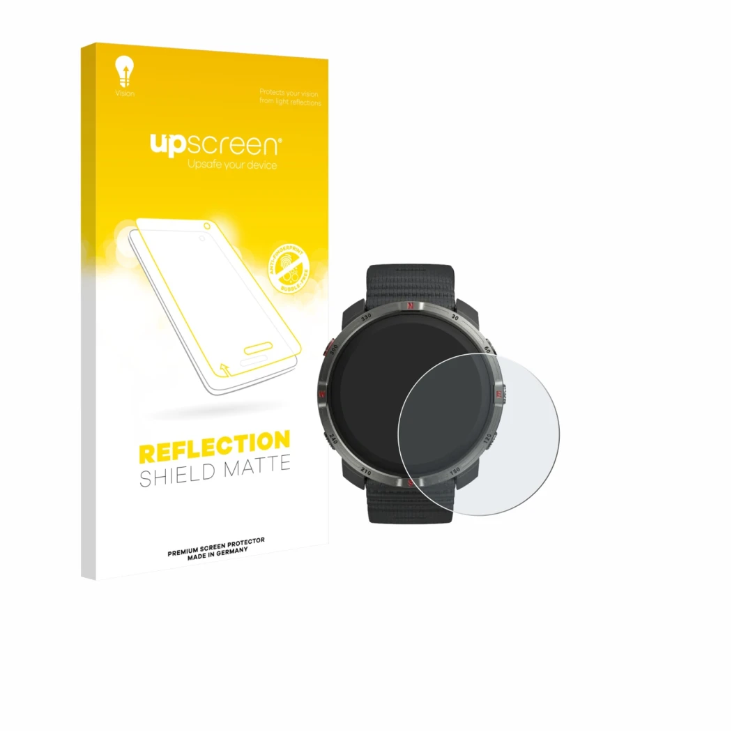 Face avant d’un emballage produit avec le logo de la marque upscreen. À côté, l’appareil Polar Grit X2 est représenté avec la 