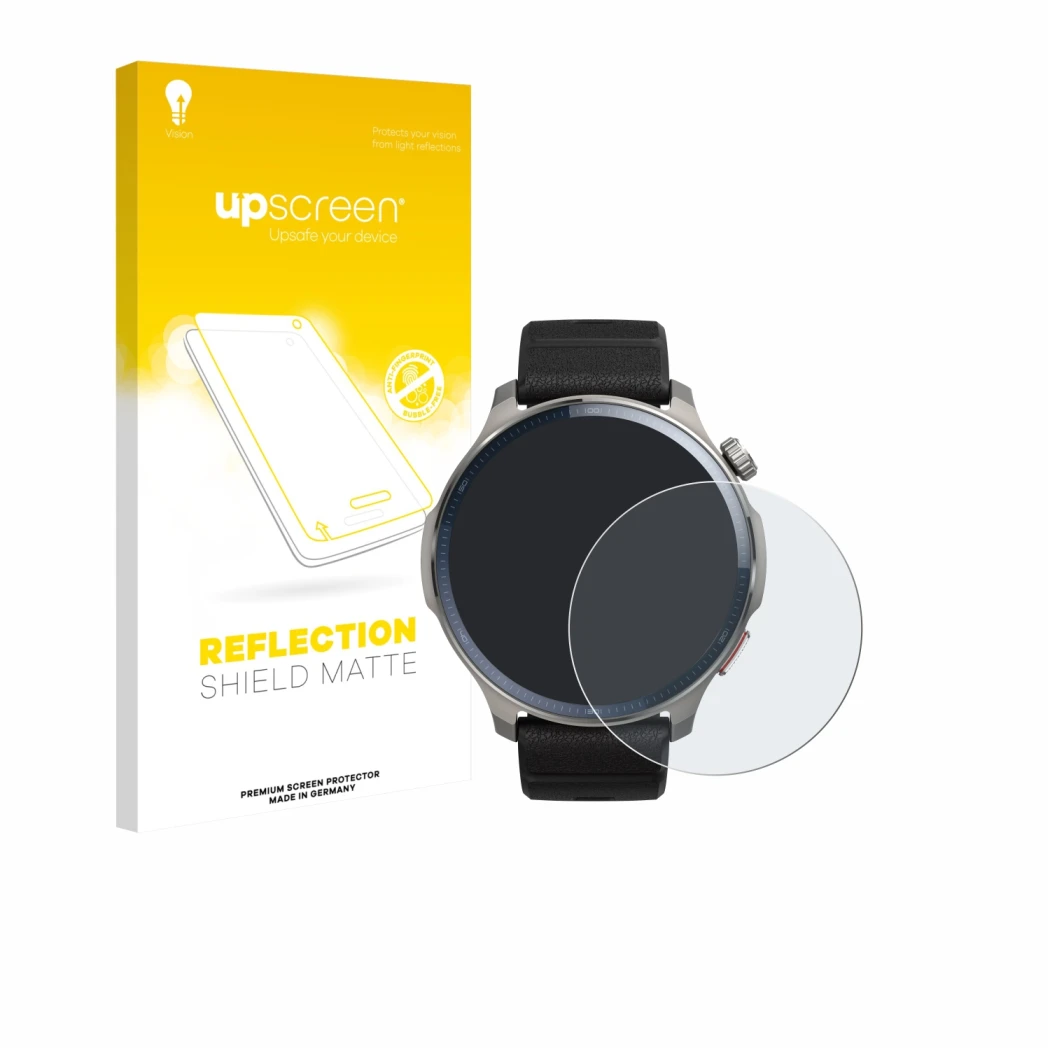 Face avant d’un emballage produit avec le logo de la marque upscreen. À côté, l’appareil Huami Amazfit Balance 2 est représent