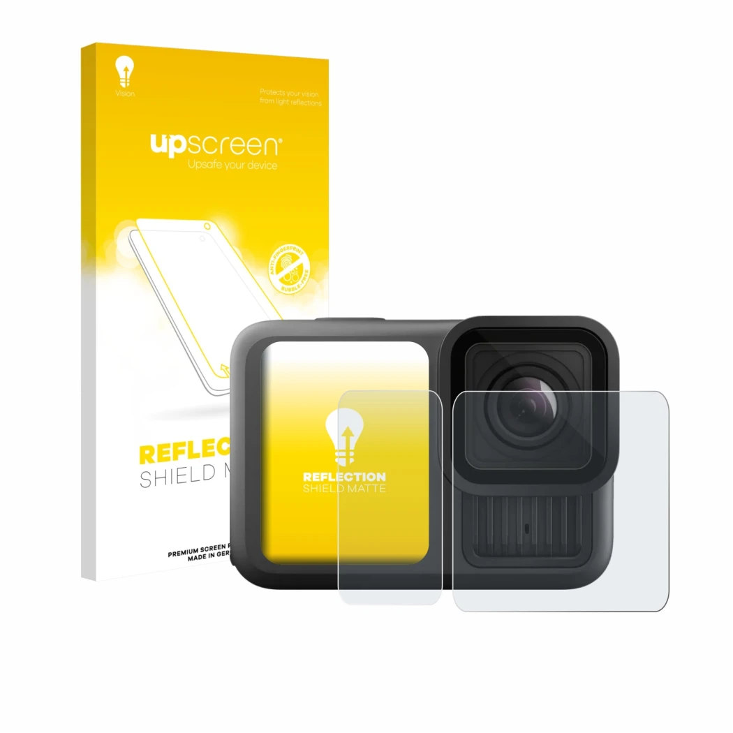 Face avant d’un emballage produit avec le logo de la marque upscreen. À côté, l’appareil GoPro Hero 13 Black Ultra Wide Editio