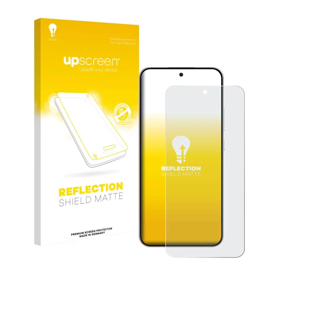 Face avant d’un emballage produit avec le logo de la marque upscreen. À côté, l’appareil Oppo Reno 14 F est représenté avec la