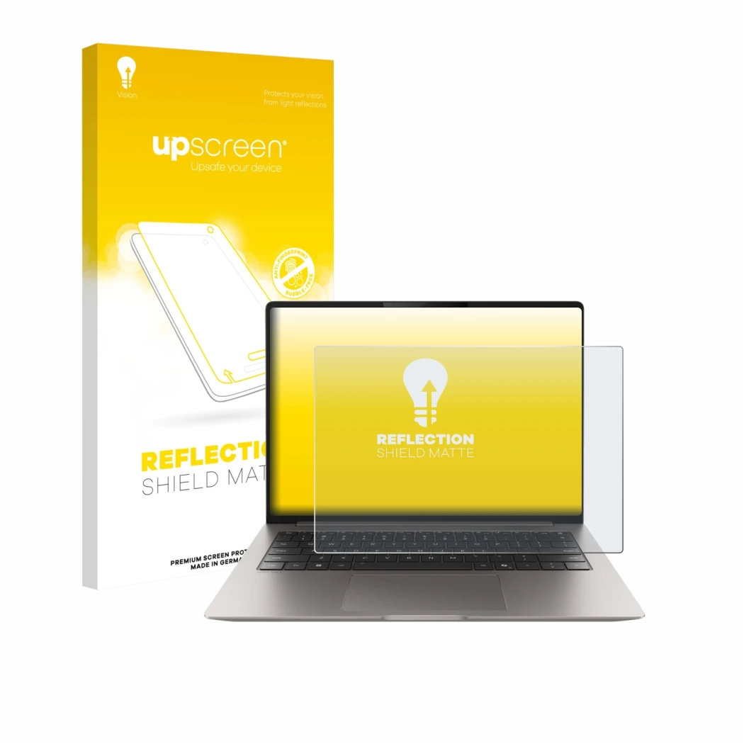 Face avant d’un emballage produit avec le logo de la marque upscreen. À côté, l’appareil Honor MagicBook Pro 14 est représenté