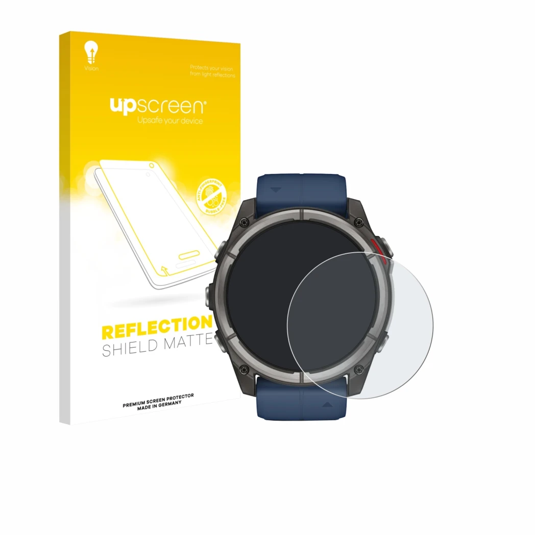 Face avant d’un emballage produit avec le logo de la marque upscreen. À côté, l’appareil Garmin quatix 8 (51 mm) est représent