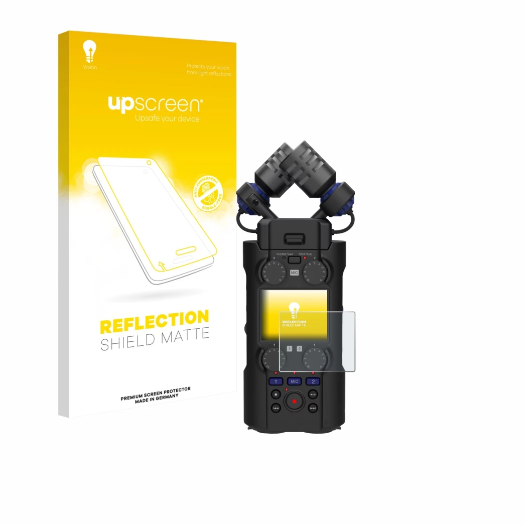 Face avant d’un emballage produit avec le logo de la marque upscreen. À côté, l’appareil Zoom H5 Studio est représenté avec la