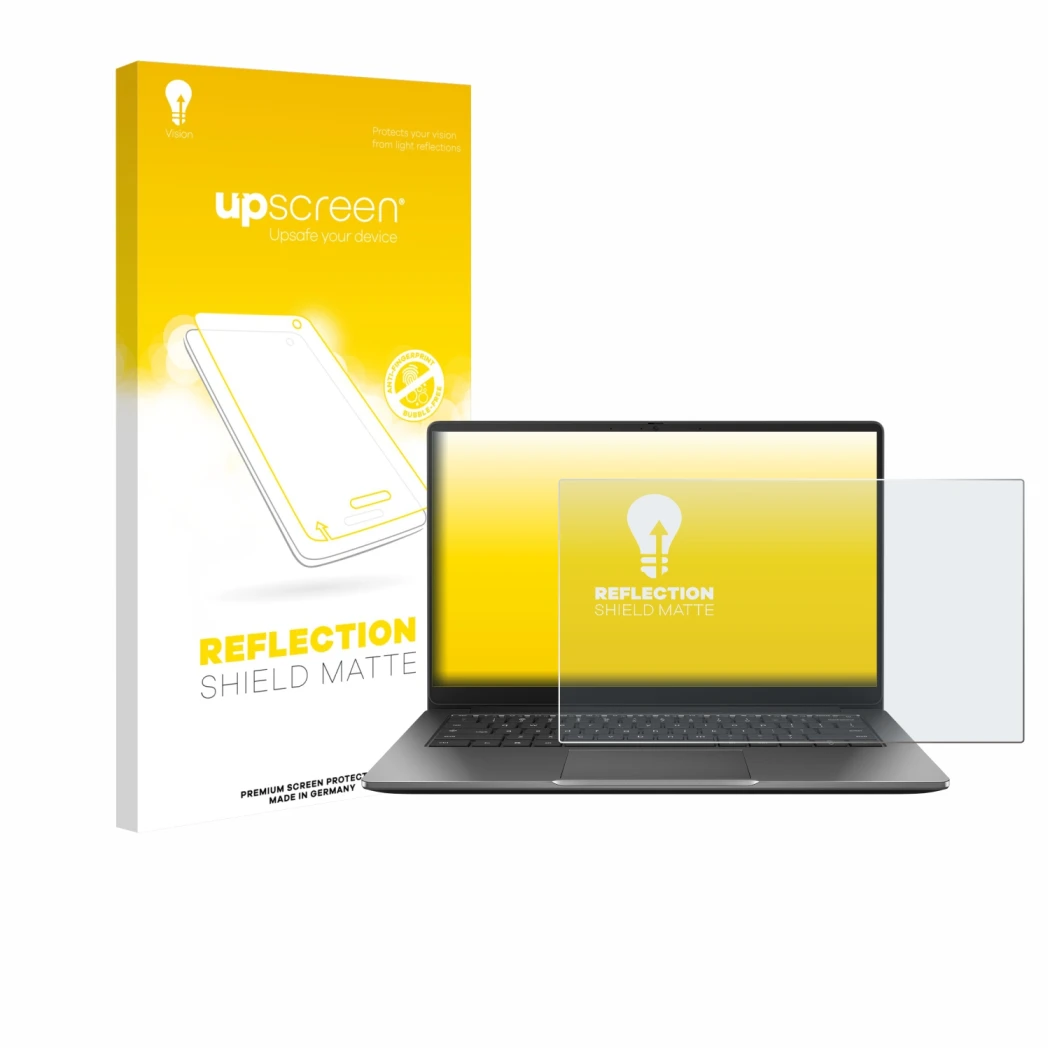 Face avant d’un emballage produit avec le logo de la marque upscreen. À côté, l’appareil ASUS Chromebook Plus CX14 est représe