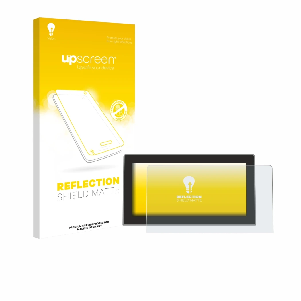 Face avant d’un emballage produit avec le logo de la marque upscreen. À côté, l’appareil Volkswagen Golf MK8.5 12.9