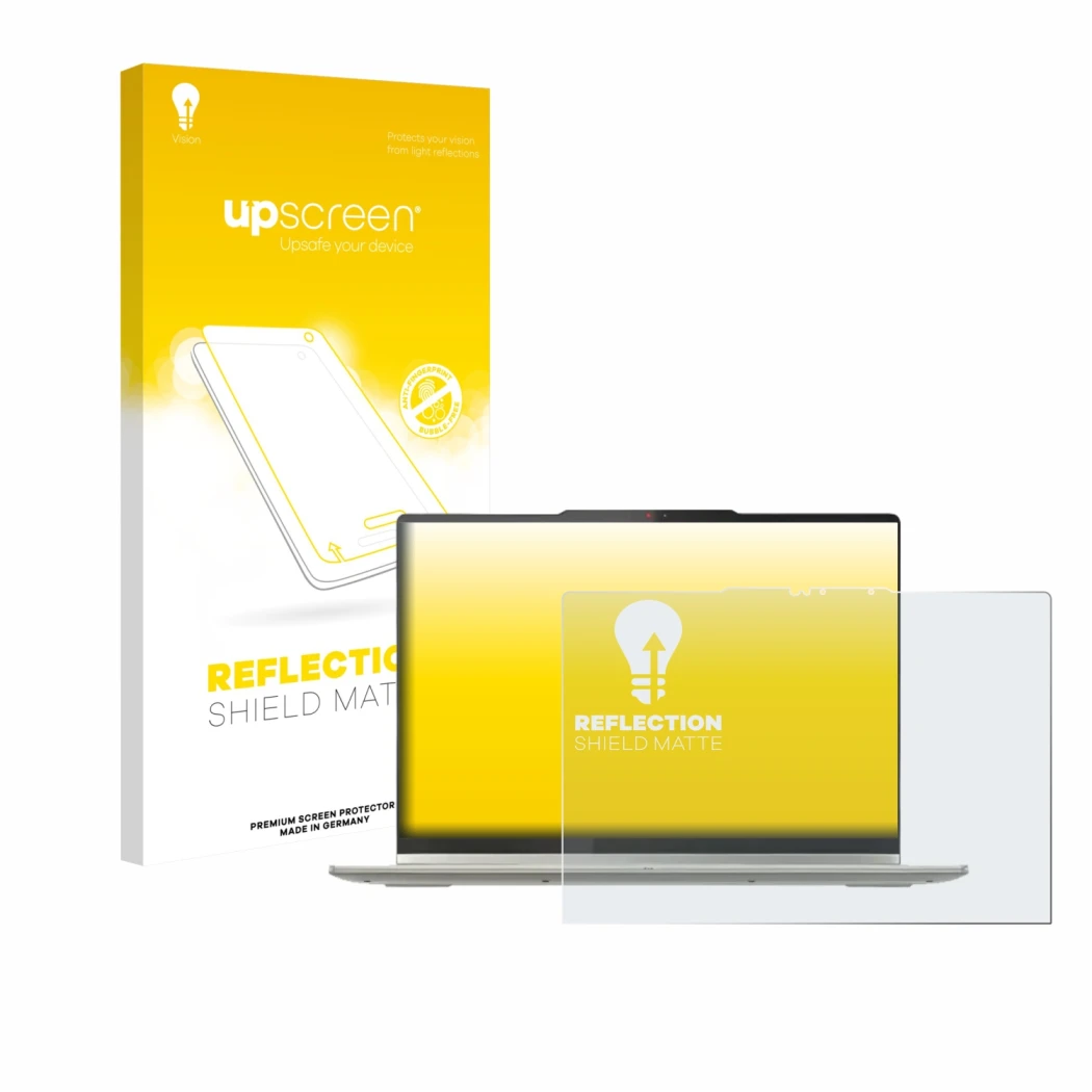 Face avant d’un emballage produit avec le logo de la marque upscreen. À côté, l’appareil Lenovo Yoga 7 2-in-1 Gen 10 14