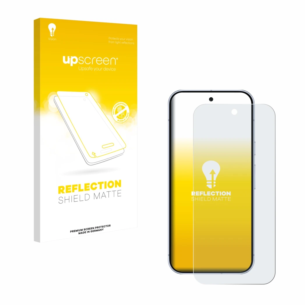 Face avant d’un emballage produit avec le logo de la marque upscreen. À côté, l’appareil Google Pixel 10 Pro est représenté av