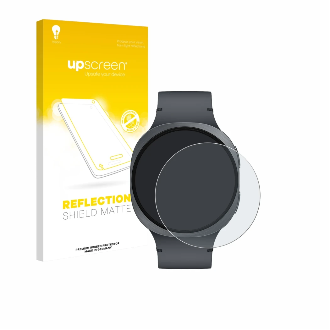 Face avant d’un emballage produit avec le logo de la marque upscreen. À côté, l’appareil Samsung Galaxy Watch 8 (44 mm) est re