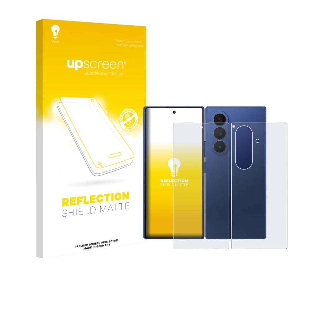 Face avant d’un emballage produit avec le logo de la marque upscreen. À côté, l’appareil Samsung Galaxy Z Fold 7 (Avant+Arrièr