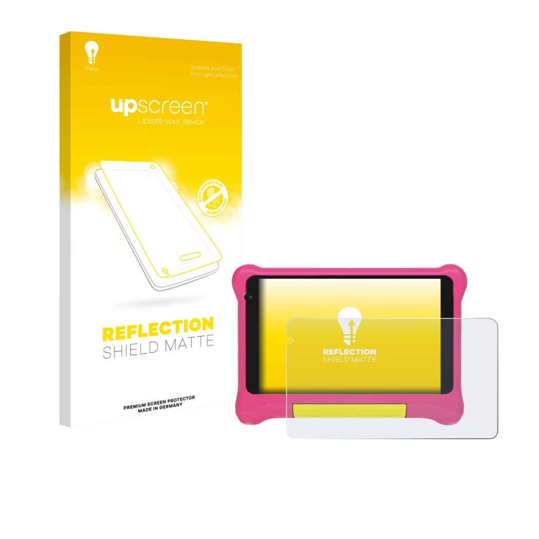 Face avant d’un emballage produit avec le logo de la marque upscreen. À côté, l’appareil Happybe Kids Tablet 7