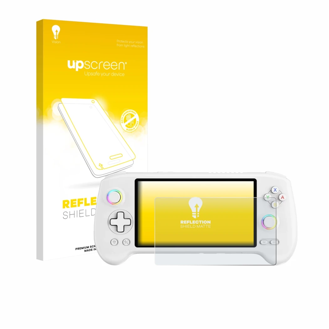 Face avant d’un emballage produit avec le logo de la marque upscreen. À côté, l’appareil Anbernic RG557 est représenté avec la