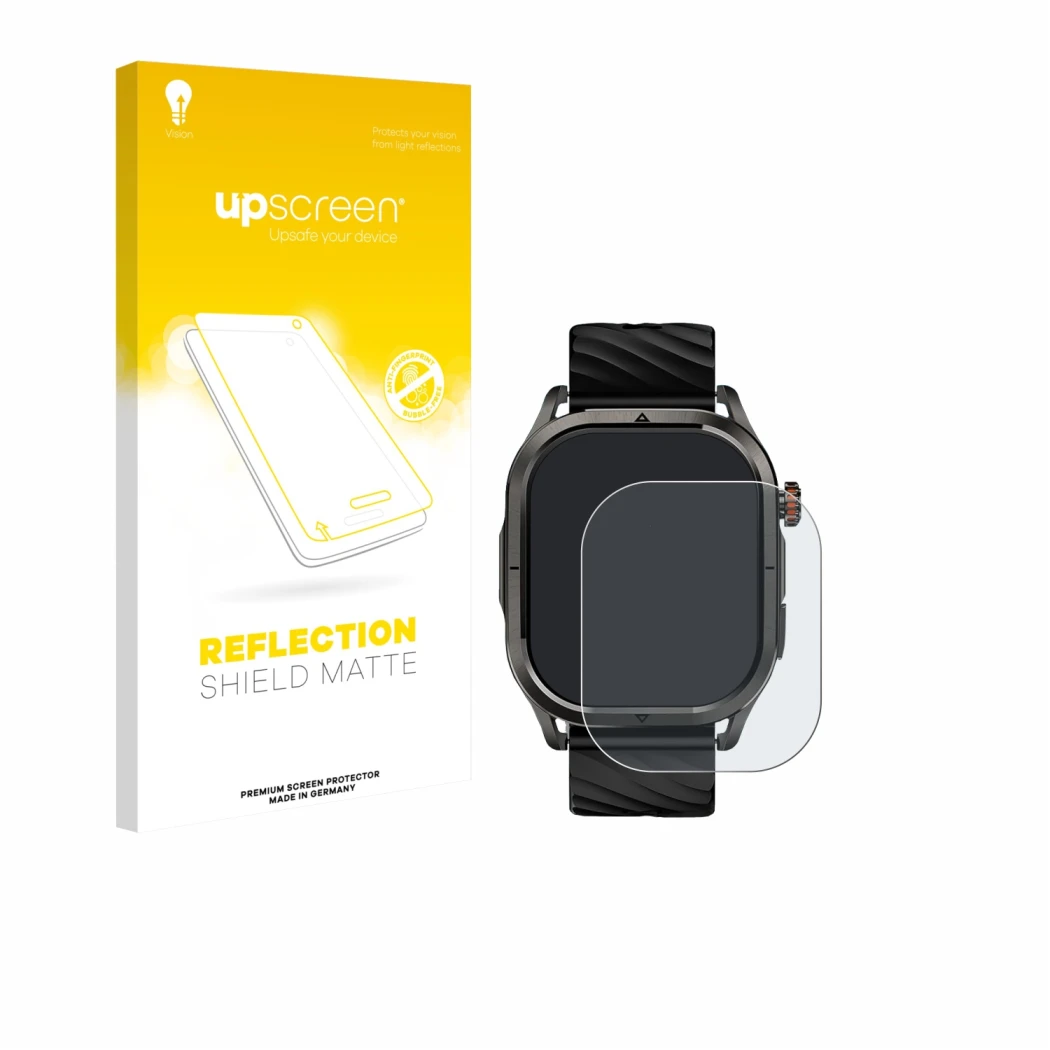 Face avant d’un emballage produit avec le logo de la marque upscreen. À côté, l’appareil Kospet Magic P10 1.96