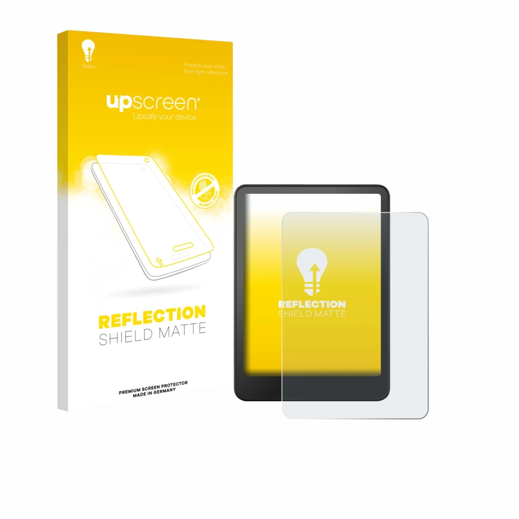 Face avant d’un emballage produit avec le logo de la marque upscreen. À côté, l’appareil Amazon Kindle Colorsoft est représent