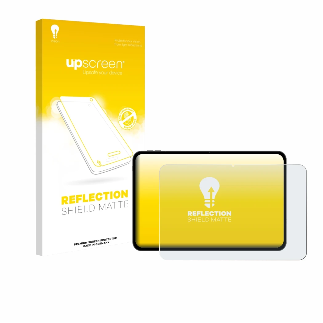 Face avant d’un emballage produit avec le logo de la marque upscreen. À côté, l’appareil Teclast T65 est représenté avec la pr