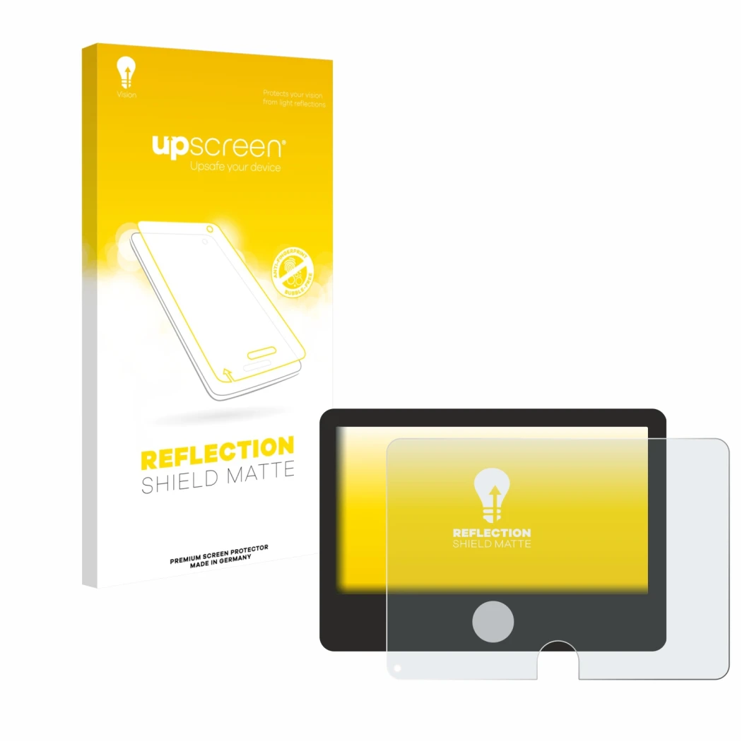 Face avant d’un emballage produit avec le logo de la marque upscreen. À côté, l’appareil Dynavin D9-DCX Plus Flex - C est repr