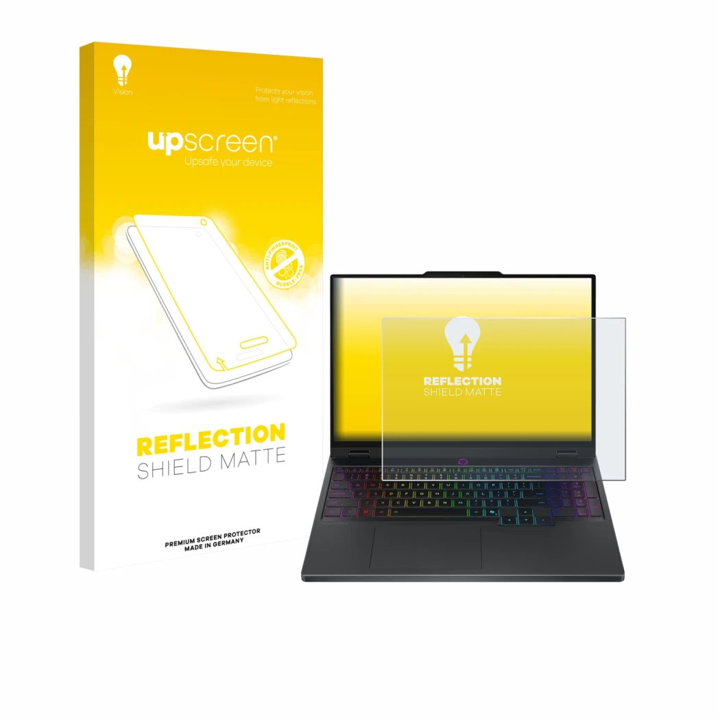 Face avant d’un emballage produit avec le logo de la marque upscreen. À côté, l’appareil Lenovo Legion 5 15IRX10 83LY est repr