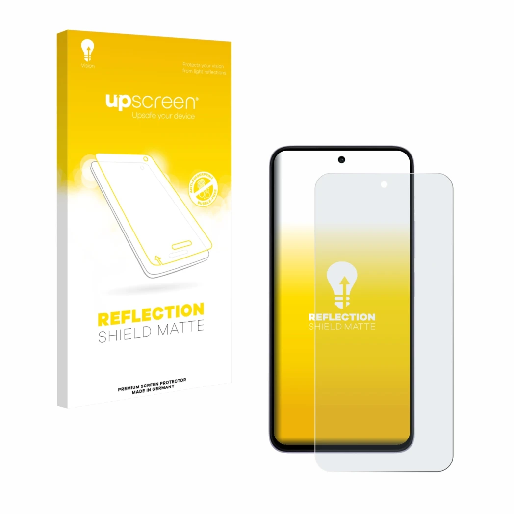 Face avant d’un emballage produit avec le logo de la marque upscreen. À côté, l’appareil Xiaomi Redmi 15 est représenté avec l